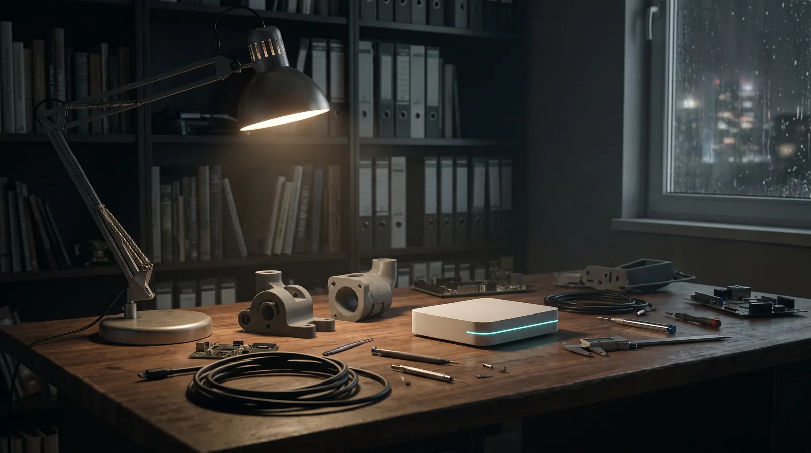 A studio corner at night: bookshelves, a drafting lamp, printed prototypes on a walnut surface, a cyan light line on a device