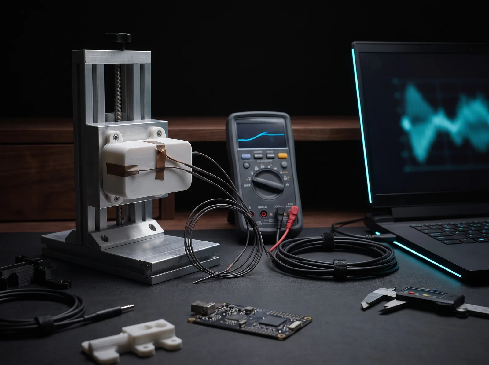 An instrumented test rig: a device under bright directional light with thermal probes and a logging laptop, cyan graphs on screen