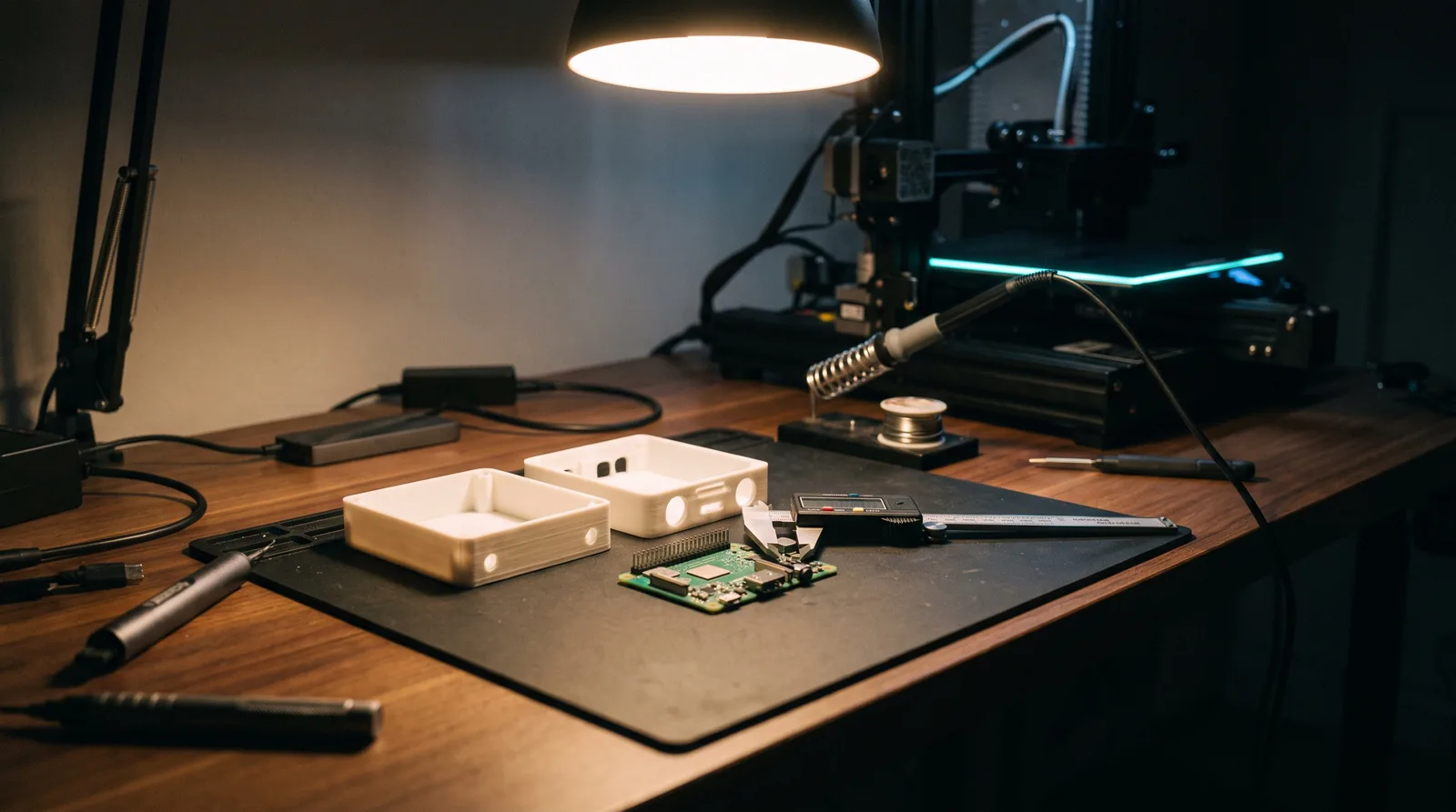 A workshop bench under a single lamp: 3D-printed enclosure halves, a bare PCB on an anti-static mat, calipers and a soldering iron