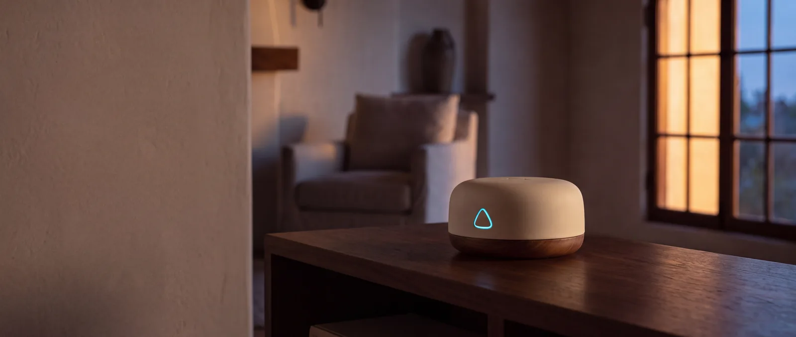 A calm living room at dusk with a matte white home hub on a walnut console, a cyan triangle glowing on its face