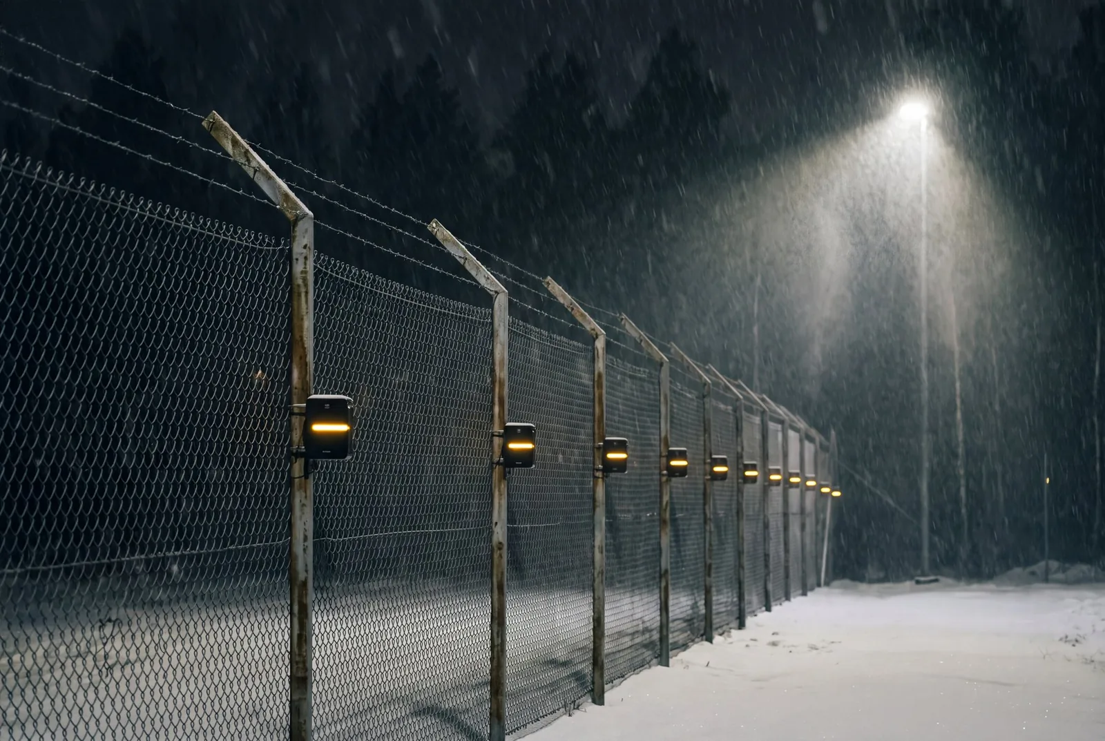 A perimeter fence line at blue hour with a slim matte black sensor housing, a thin amber light line along its edge