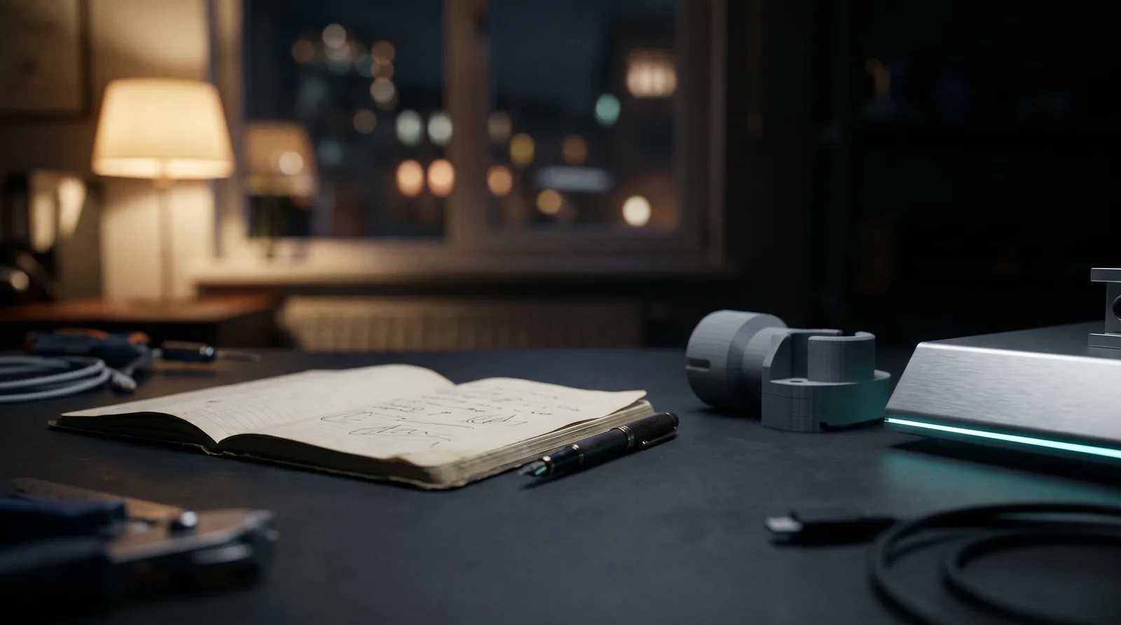A quiet desk at night with a notebook, a printed prototype part and a cyan-lit device edge, city glow beyond the window