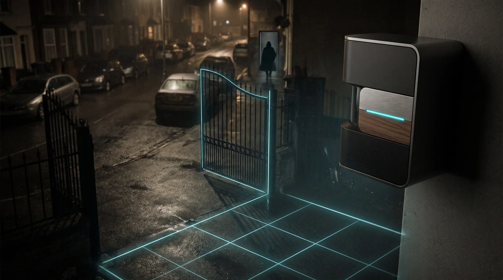 A night street seen through a sensor's eye: a figure crossing a threshold, geometry picked out in thin cyan lines