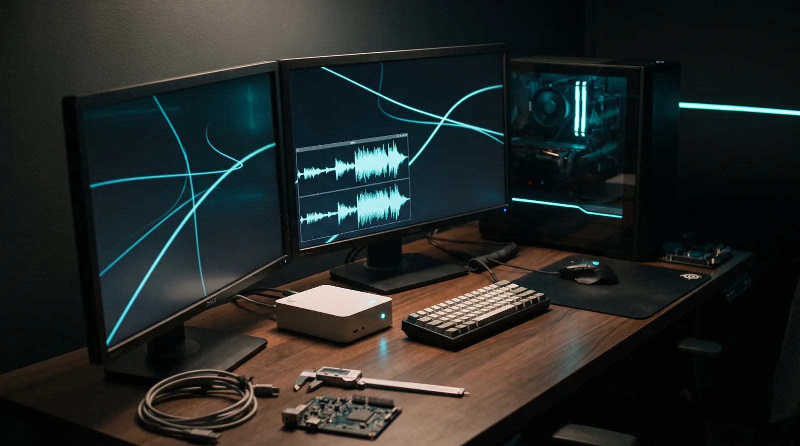 A dark screen wall of training curves and waveform segments reflected on a workbench, cyan traces against near-black