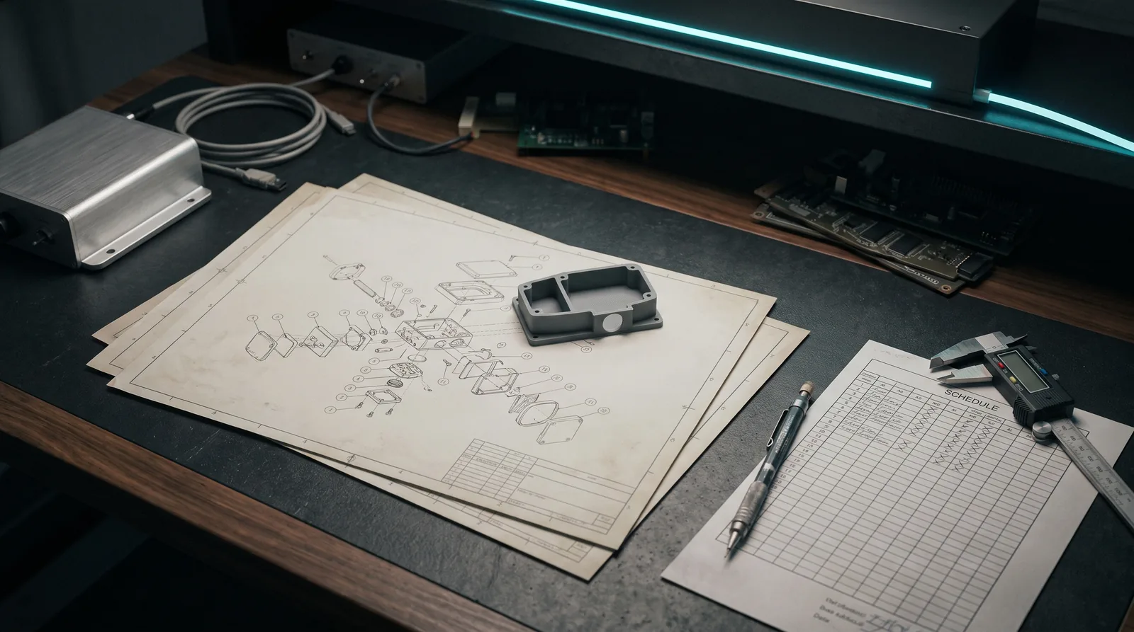A drafting table under a low lamp: exploded assembly drawings, a printed prototype and a marked-up schedule, cyan pen light