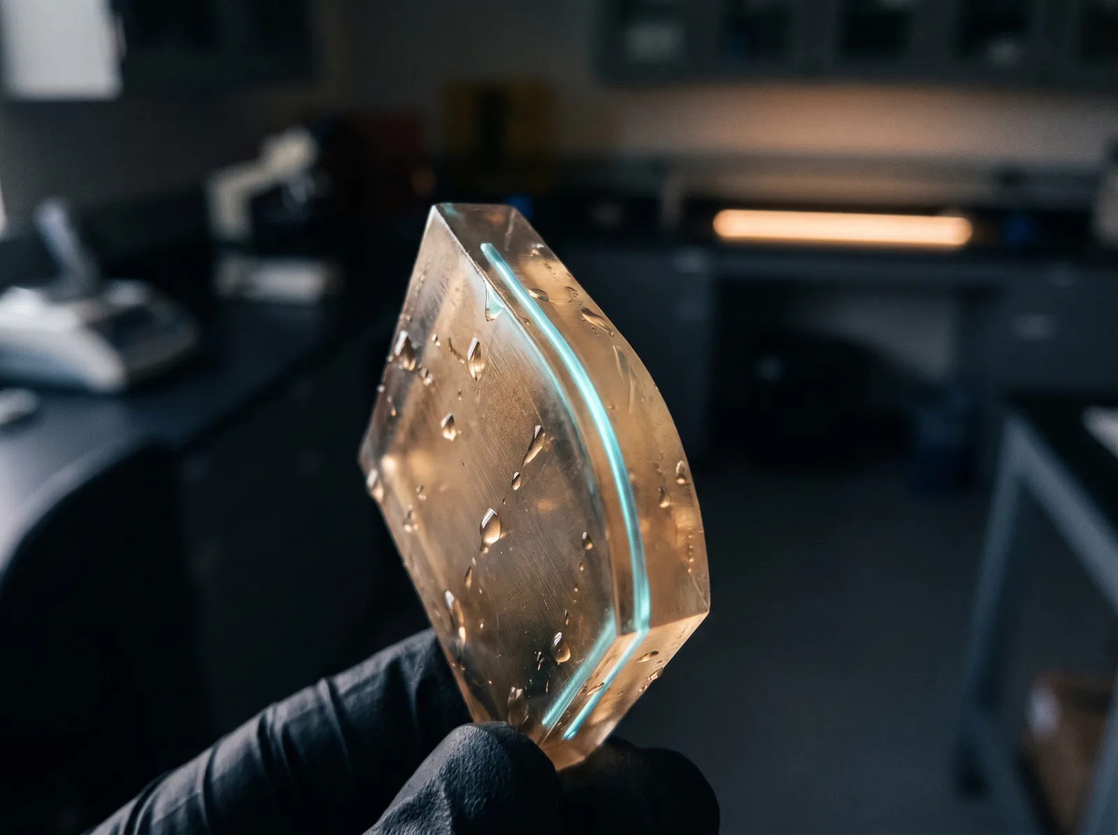 A resin-printed optical light guide lifted from the build plate under raking light, its channels catching a cyan glow