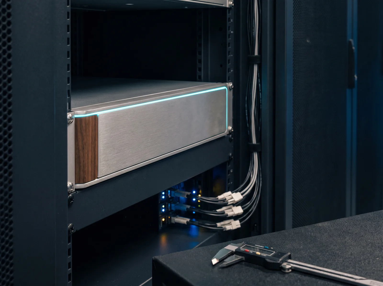 A rack-mounted appliance in a dim server room, port lights reflecting off brushed metal, a cyan status line glowing