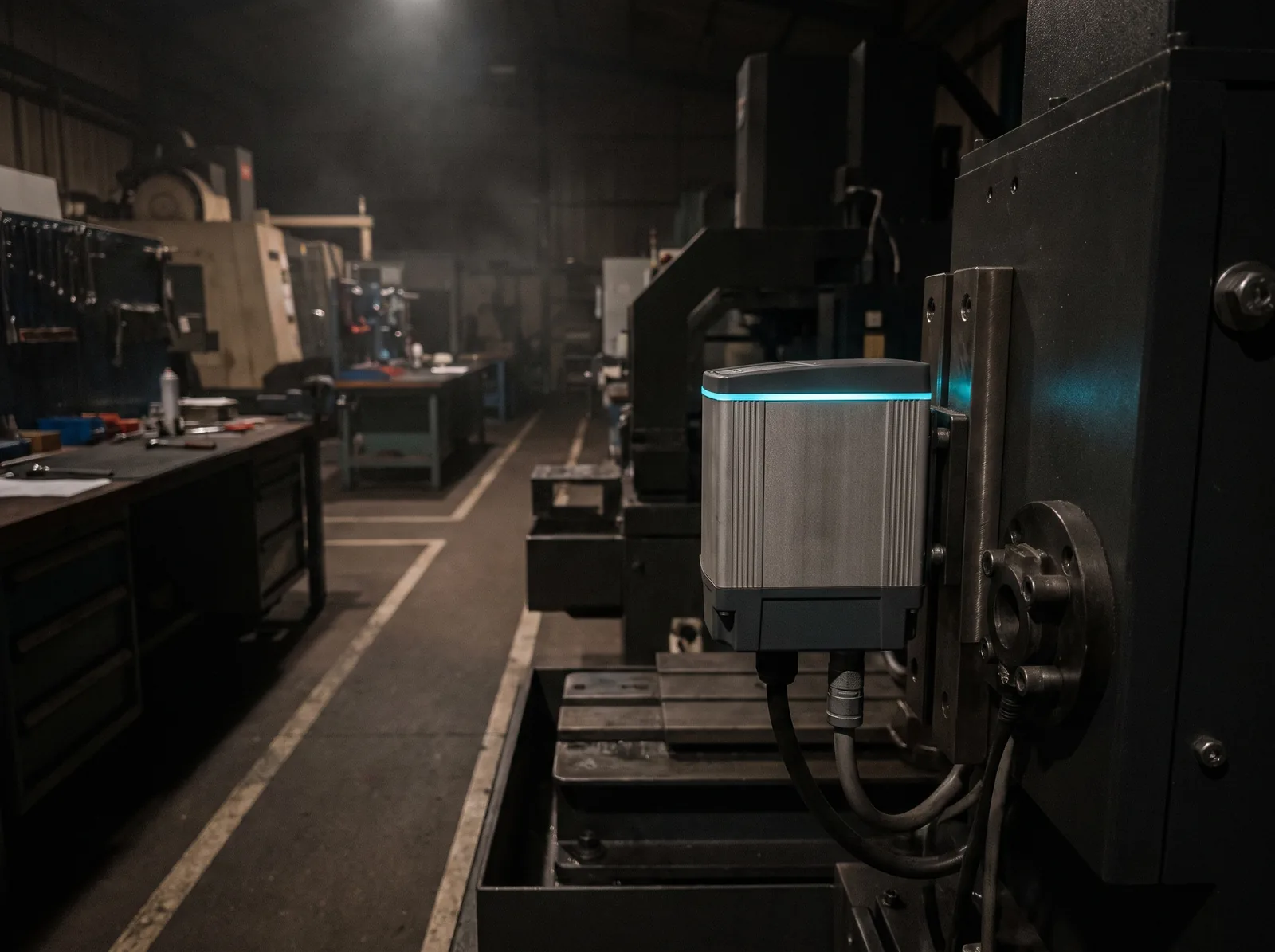 A factory aisle at night, a compact sensor unit mounted on a machine frame, cyan indicator light, motion blurred in the background