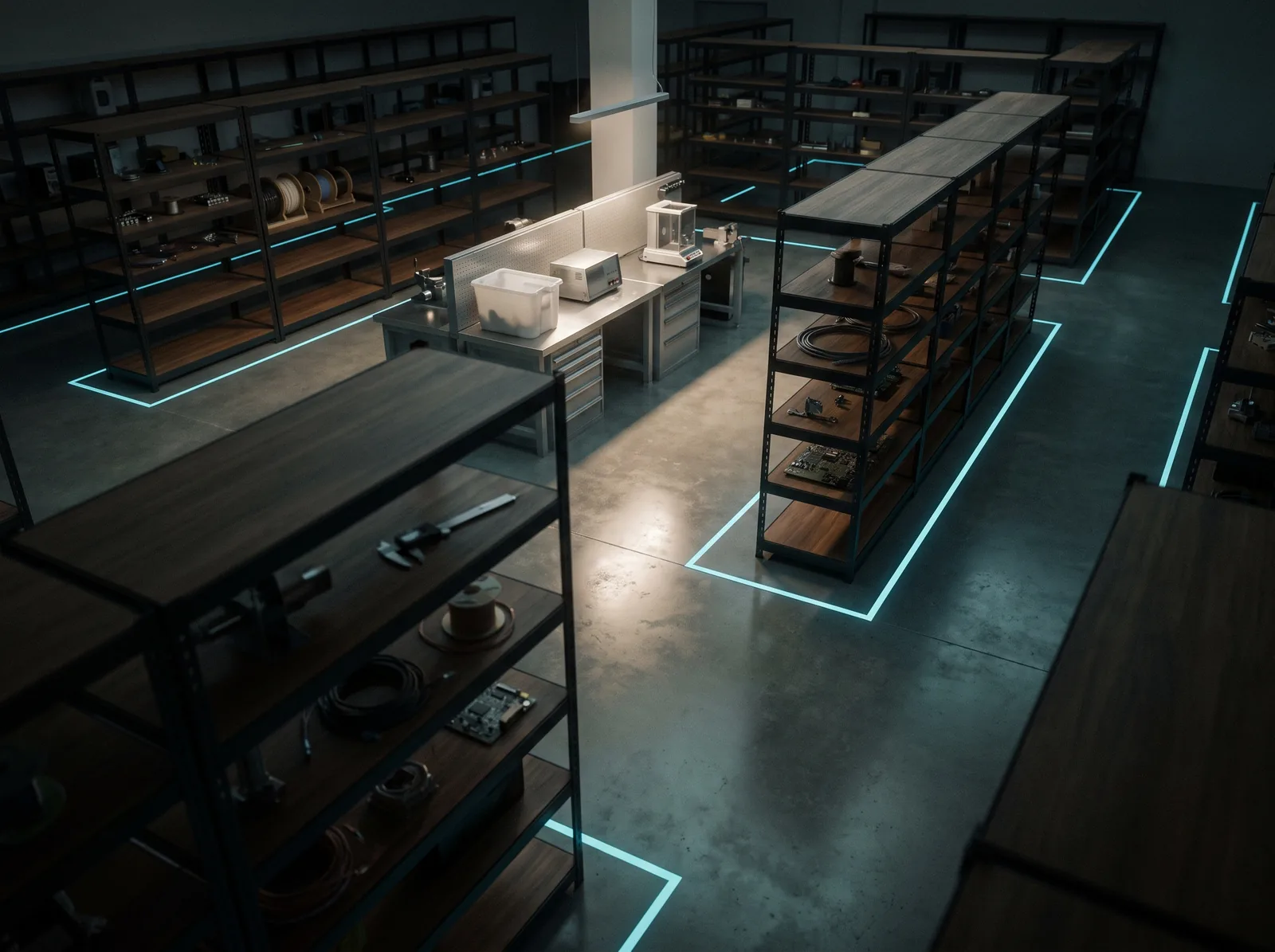 An empty shop floor after hours seen from a ceiling sensor's vantage, shelves outlined by thin cyan geometry