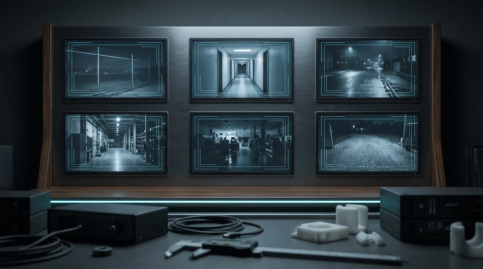 A dark control-room wall of live feeds — a fence line, a corridor, a street, a factory aisle — each outlined in thin cyan