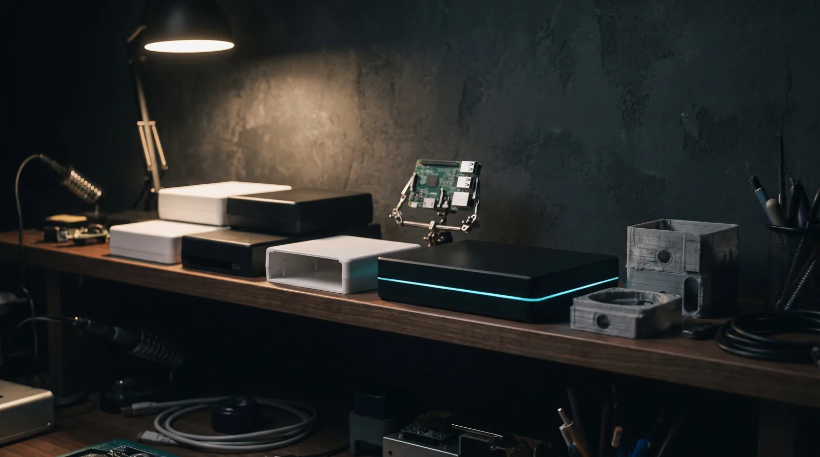 A studio shelf of finished devices and printed prototype iterations lit from one side, cyan light lines picking out their faces